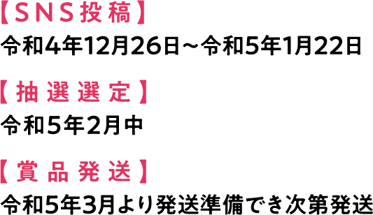 【SNS投稿】令和4年12月26日〜令和5年1月22日【抽選選定】令和5年2月中【商品発送】令和5年3月より発送準備でき次第発送